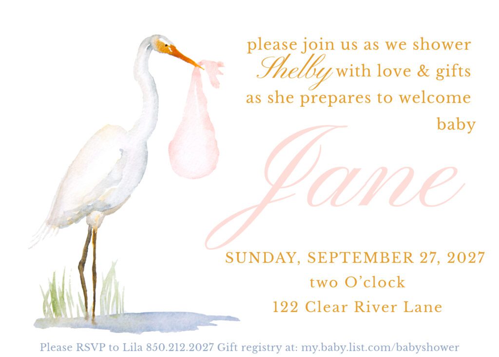 Watercolor Egret Baby Girl Shower Invite - Customizable Template