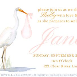 Watercolor Egret Baby Girl Shower Invite - Customizable Template