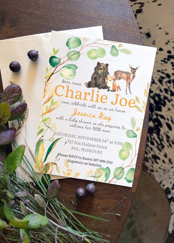 customizable template for woodland baby shower or birthday invitations
